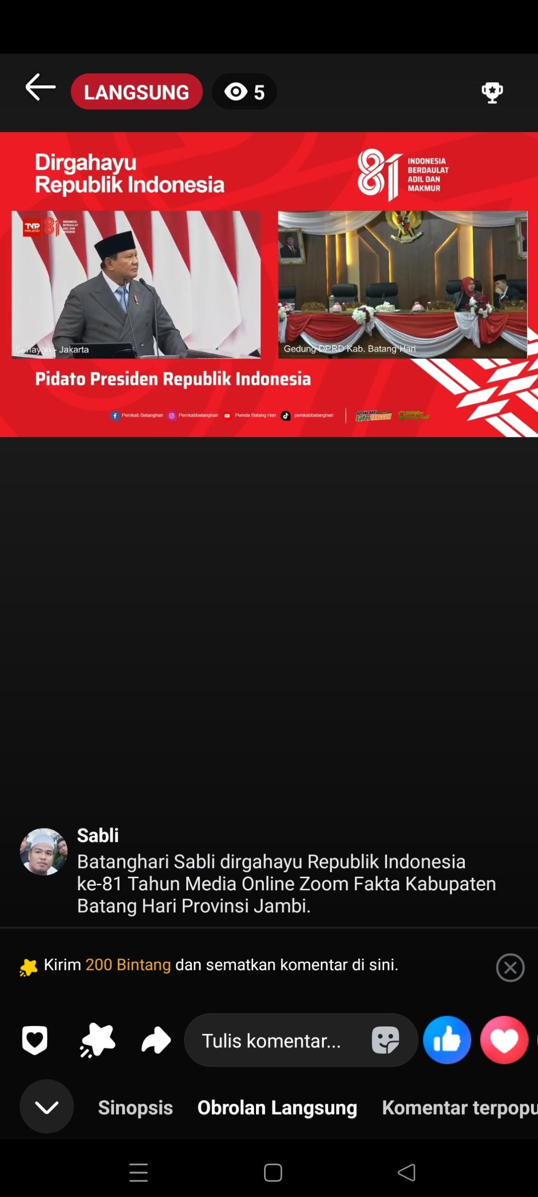 Pidato Kenegaraan HUT ke-81 RI, Kursi Paripurna DPRD Batang Hari Sempat Terlihat Kosong