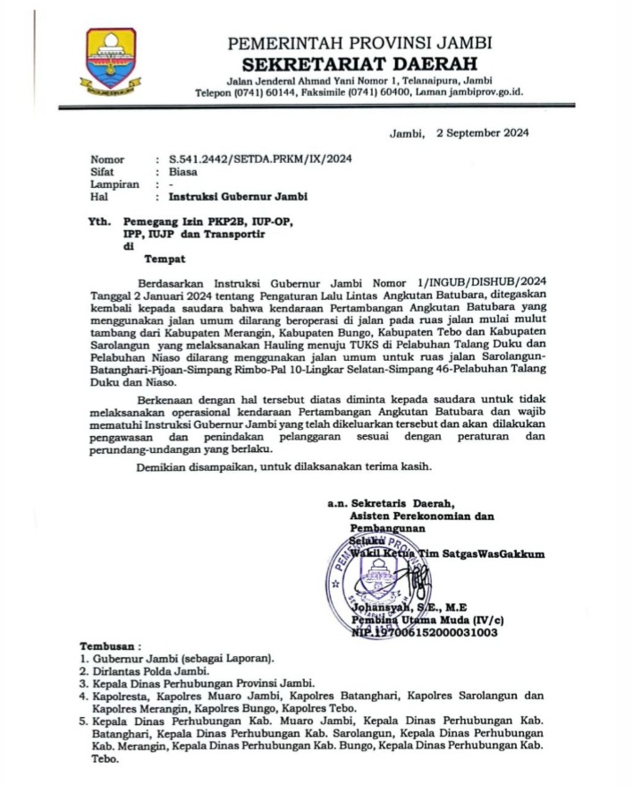 Penertiban Angkutan Batu Bara Lintas Daerah di Batang Hari