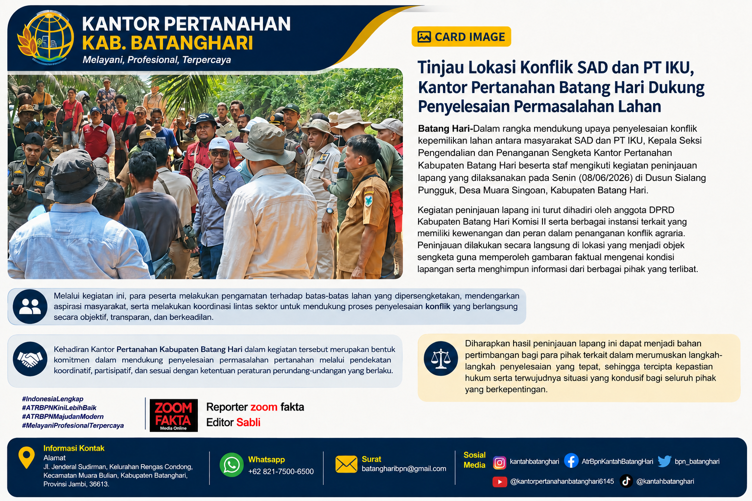 Tinjau Lokasi Konflik SAD dan PT IKU, Kantor Pertanahan Batang Hari Dorong Penyelesaian Sengketa