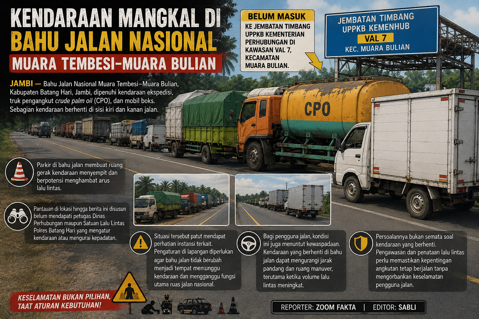 Kendaraan Mangkal di Bahu Jalan Nasional Muara Tembesi–Muara Bulian