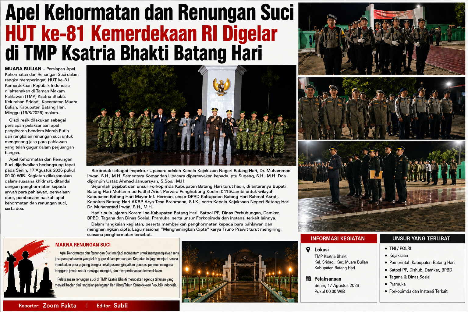 Apel Kehormatan dan Renungan Suci HUT ke-81 Kemerdekaan RI Digelar di TMP Ksatria Bhakti Batang Hari