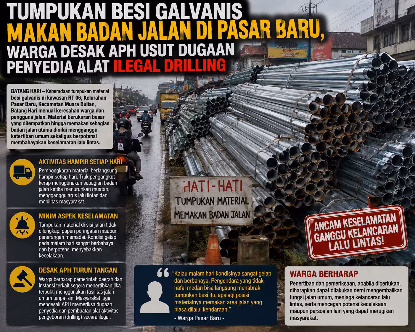 Tumpukan Besi Galvanis di Pasar Baru Dikeluhkan Warga Ganggu Lalu Lintas