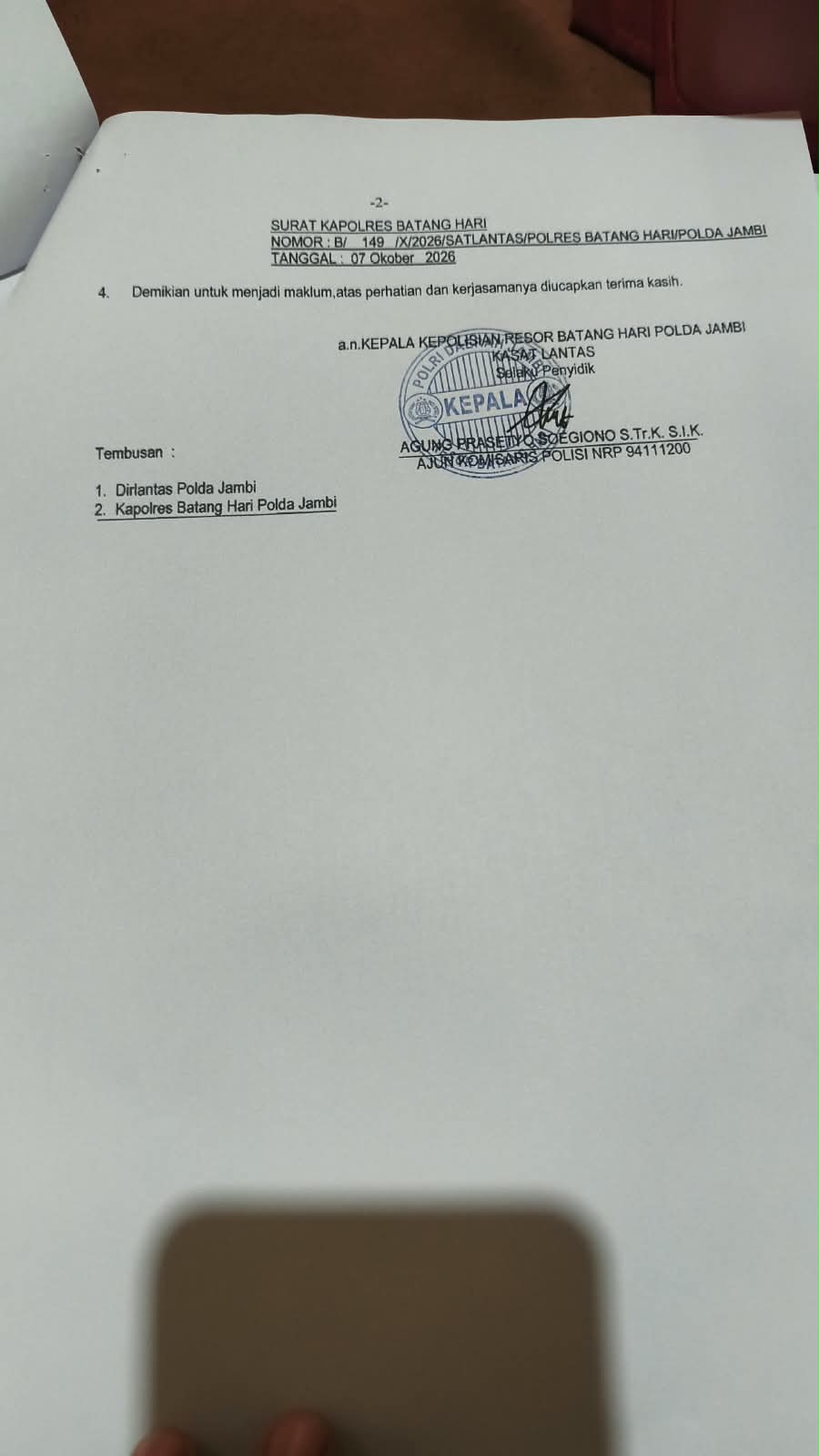 SP2HP Terbit, Tersangka Anton Saputra Ditahan dalam Kasus Kecelakaan Maut Nursamanik di Batang Hari